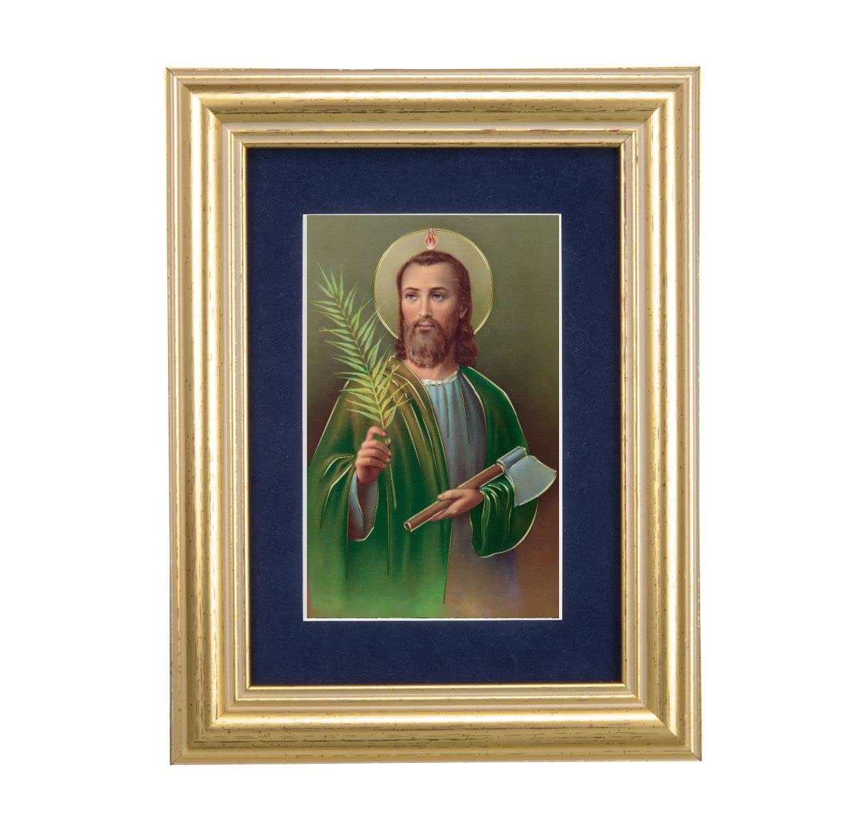 St. Jude with Axe Picture, 5"x6.5" Antique Gold Fluted Frame, Behind Blue Velvet Matting # 28275