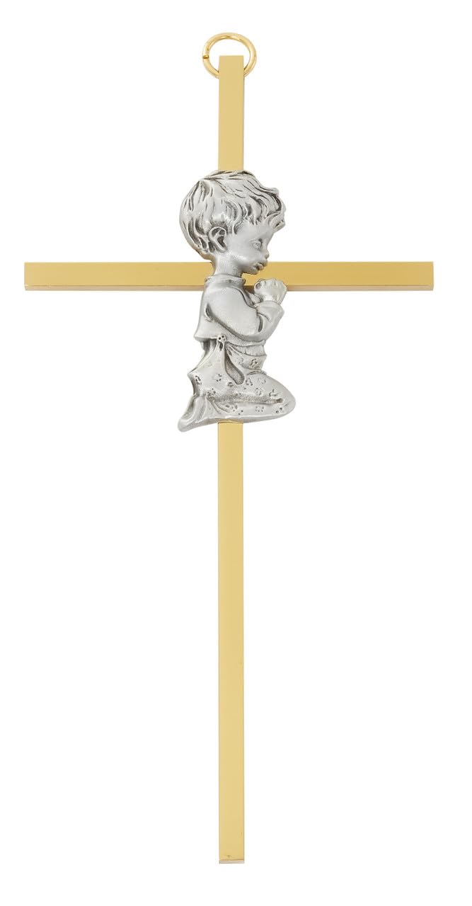 Praying Boy Gold-Tone Metal Wall Cross, Fine Pewter Figure, 6" Tall # 20380