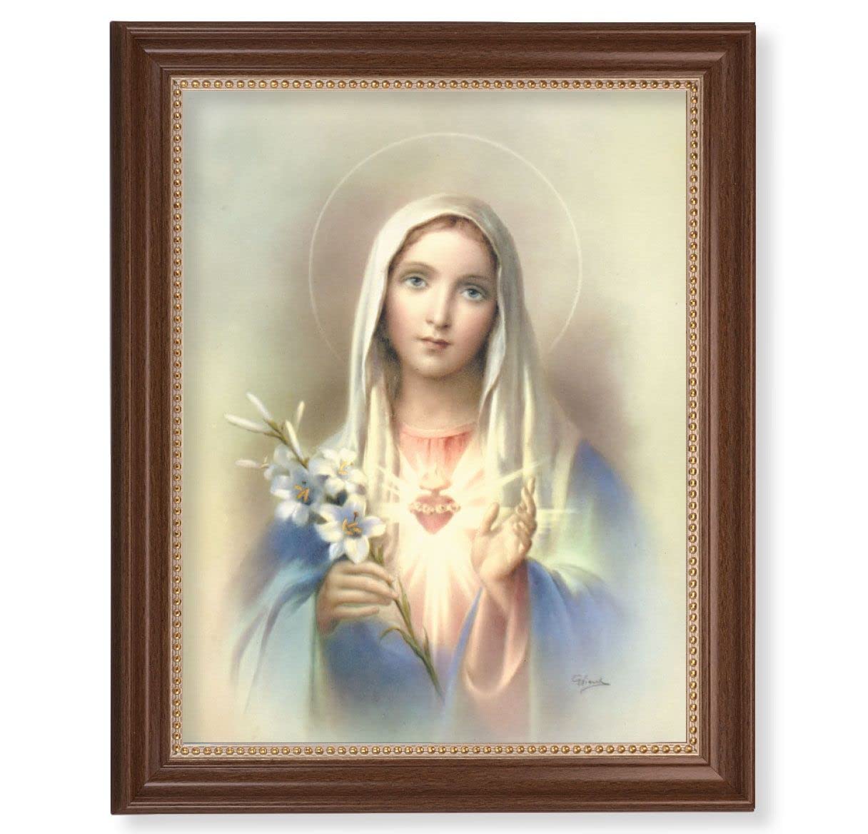 Immaculate Heart of Mary Picture, 13-1/2"x16-9/16 Walnut Finish Frame with Gold Beaded Lip, Textured Italian Print # 22259