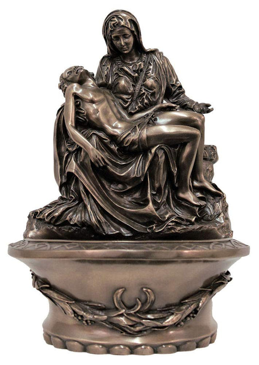- 8" Pieta Holy Water Font, Stands or Hangs, Cold Cast Bronze, # 17895