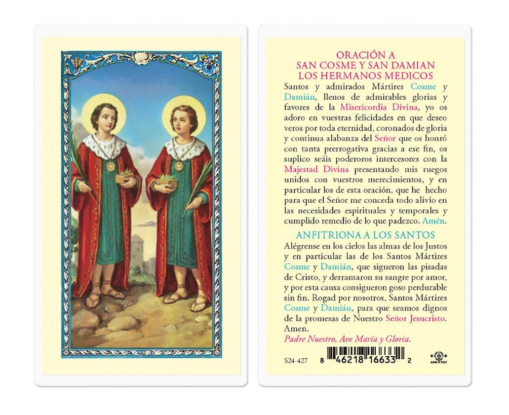 Oracion a San Cosme Y San Damian Los Hermanos Medicos, Estampas Sagradas Laminadas, Paquete de 25, #2818