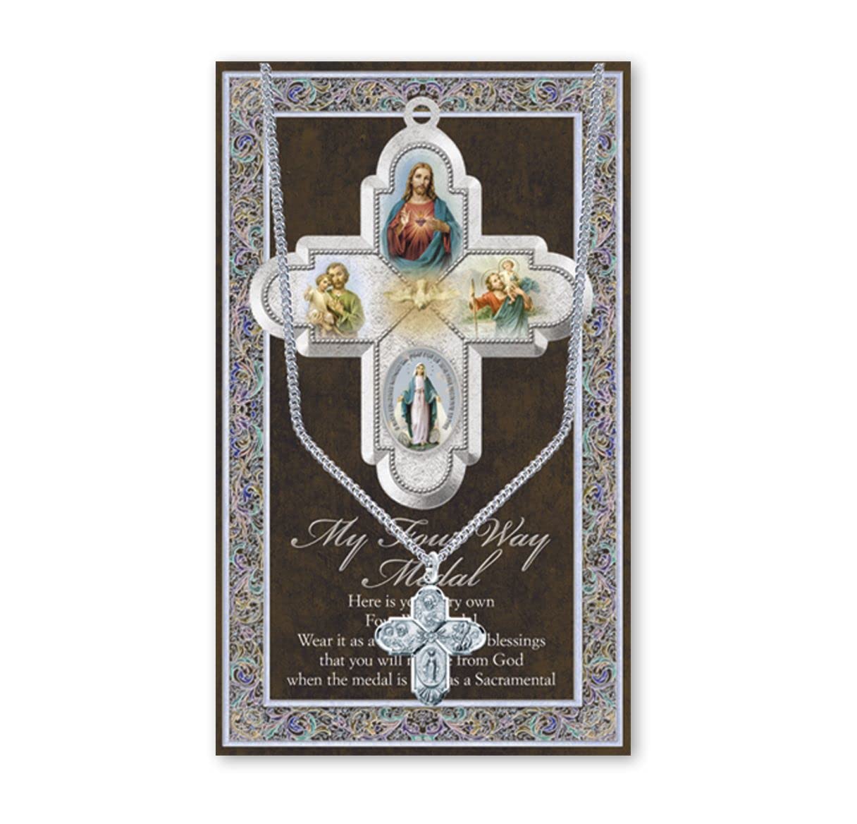 15/16" Pewter Medal with Folding Prayer Card, 4-Way Medal, # 93111