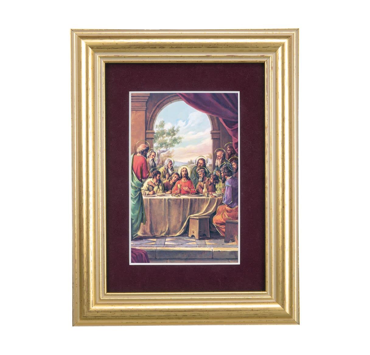 Last Supper Picture, 5"x6.5" Antique Gold Fluted Frame, Behind Maroon Velvet Matting # 28311
