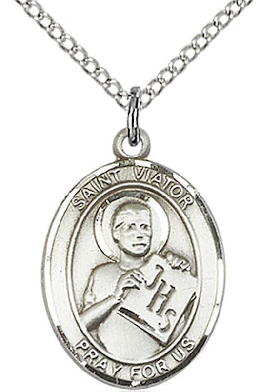 St. Viator Medal in Fine Pewter, 3/4" tall, 18" Rhodium Plated Clasp Chain