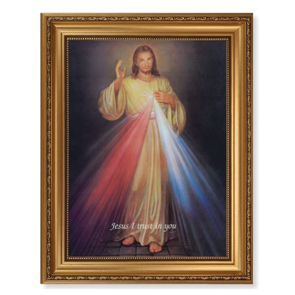 Divine Mercy Picture, 15-1/2"x19-1/2 Antique Gold Leaf Frame, Acanthus-Leaf Trim, Beaded Lip, Textured Italian Print # 22174