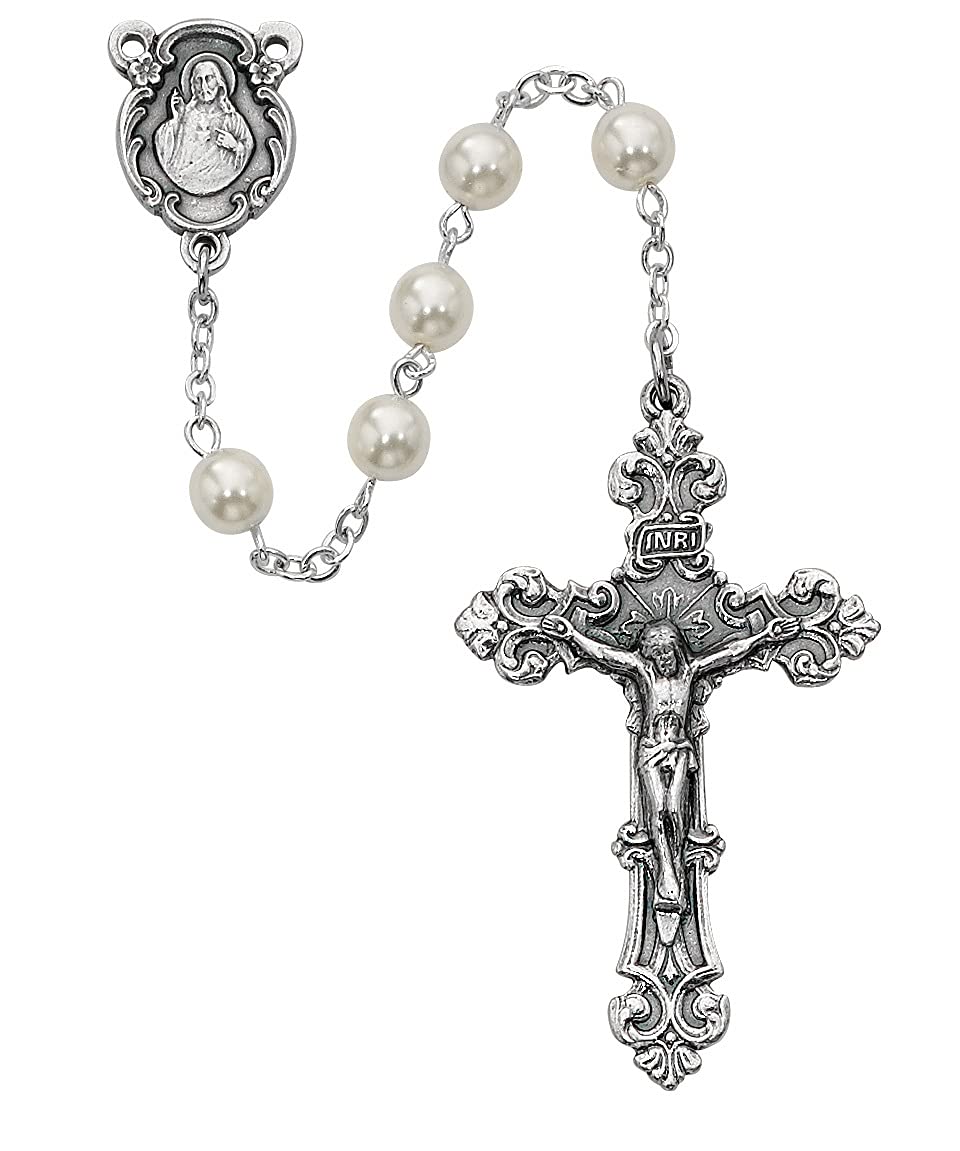 Sacred Heart Rosary, 6mm Pearl Glass Beads, Silver Oxide Center and 2" Crucifix # 21206