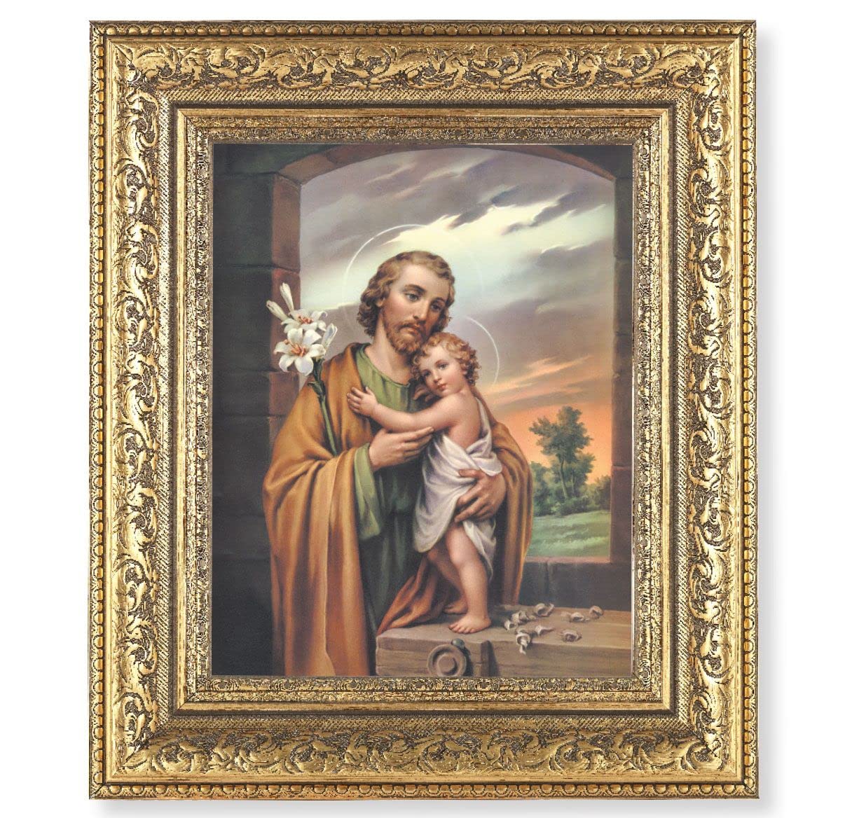 St. Joseph Picture, 12-1/2"x14-1/2, Antique Gold Leaf Carvings Ornate Frame, Italian Print Under Glass # 25544