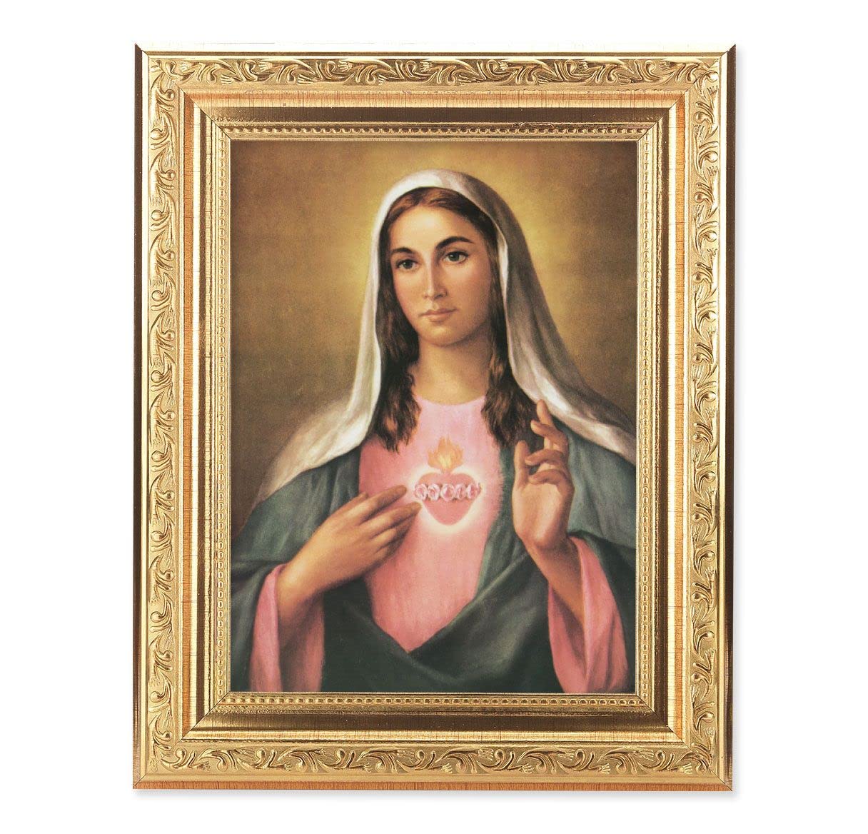 La Fuente: Immaculate Heart of Mary Picture, 8-1/4"x10-1/4 Gold-Leaf Finish Acanthus Leaf Detail Under Glass # 27751