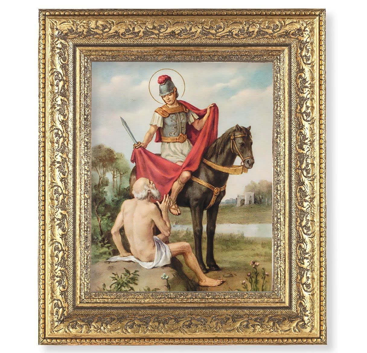 St. Martin of Tours Picture, 12-1/2"x14-1/2, Antique Gold Leaf Carvings Ornate Frame, Italian Print Under Glass # 25534