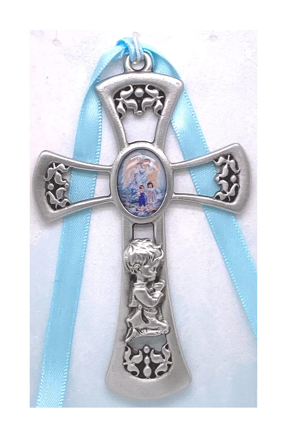 Prayng Boy Cross with Guardian Angel Photo Center, Blue Ribbon, Fine Pewter, 2-Count Value Pack. 3-1/2" # 21555