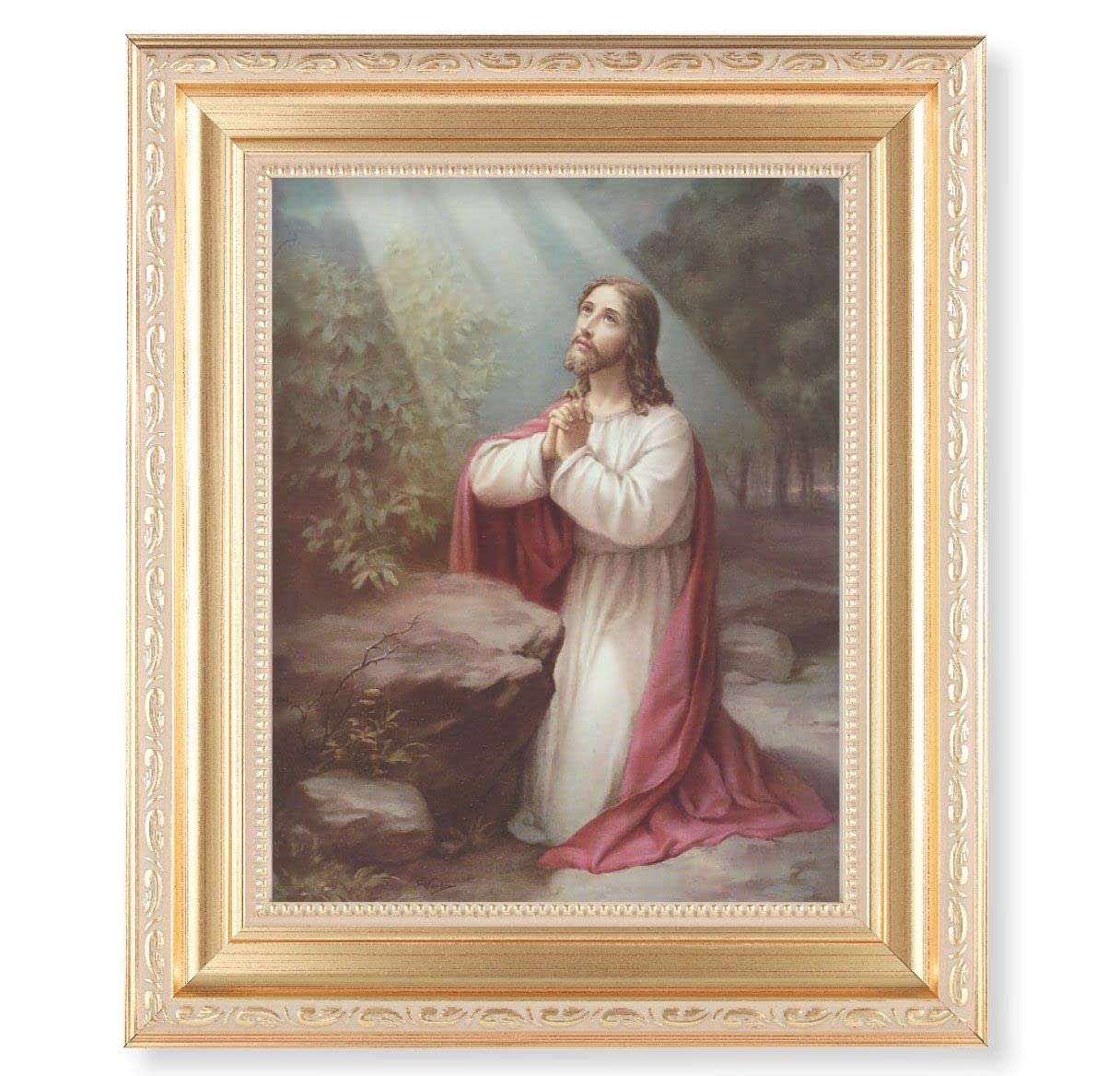 Christ on The Mount of Olives, 11.5"x13.5" Satin Gold Frame, Distressed Finish with Scrollwork, Italian Print Under Glass # 26385
