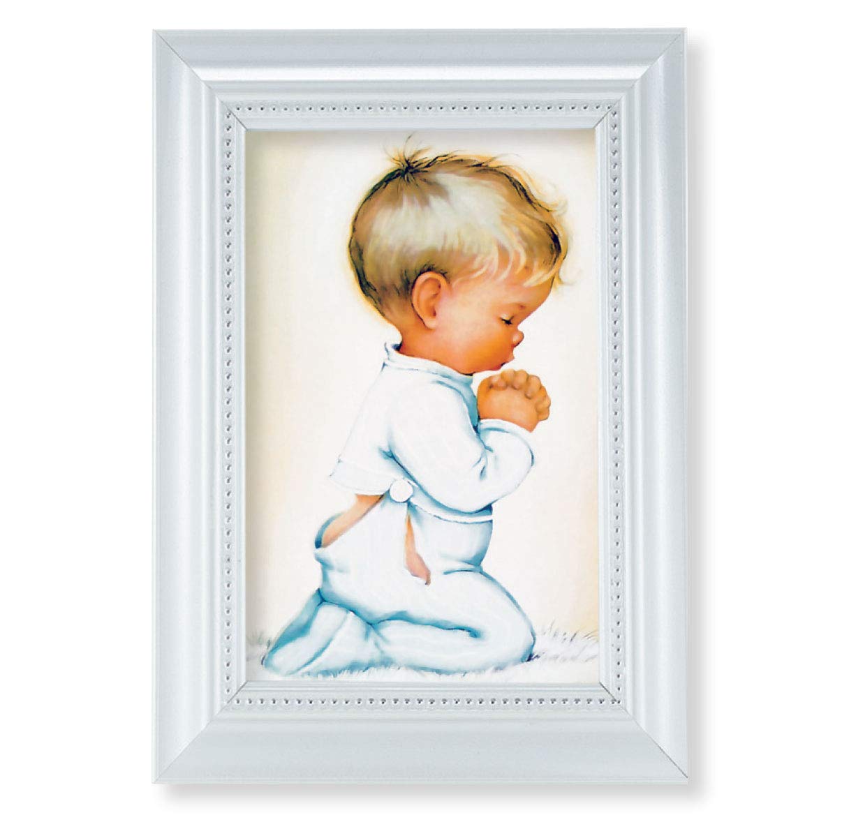 Praying Boy Picture, Pearlized White 5-1/2"x7 Frame, Beaded Lip, Under Glass # 28091