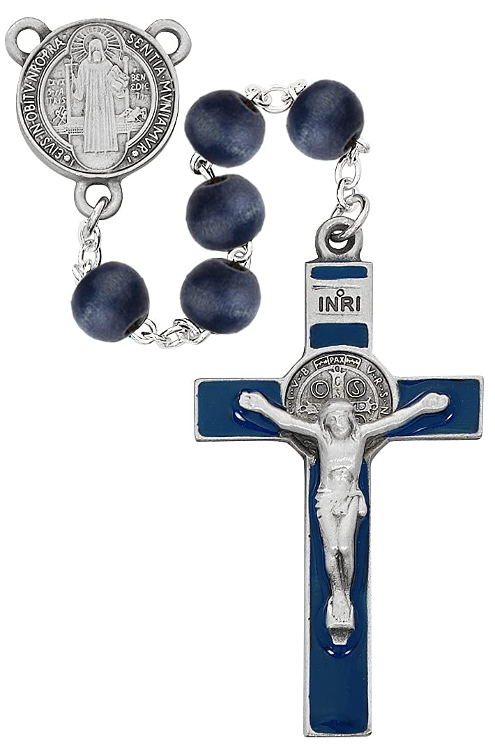 St. Benedict Rosary, 8mm Blue Wood Beads, Pewter Center and 2" Enameled Crucifix # 21234
