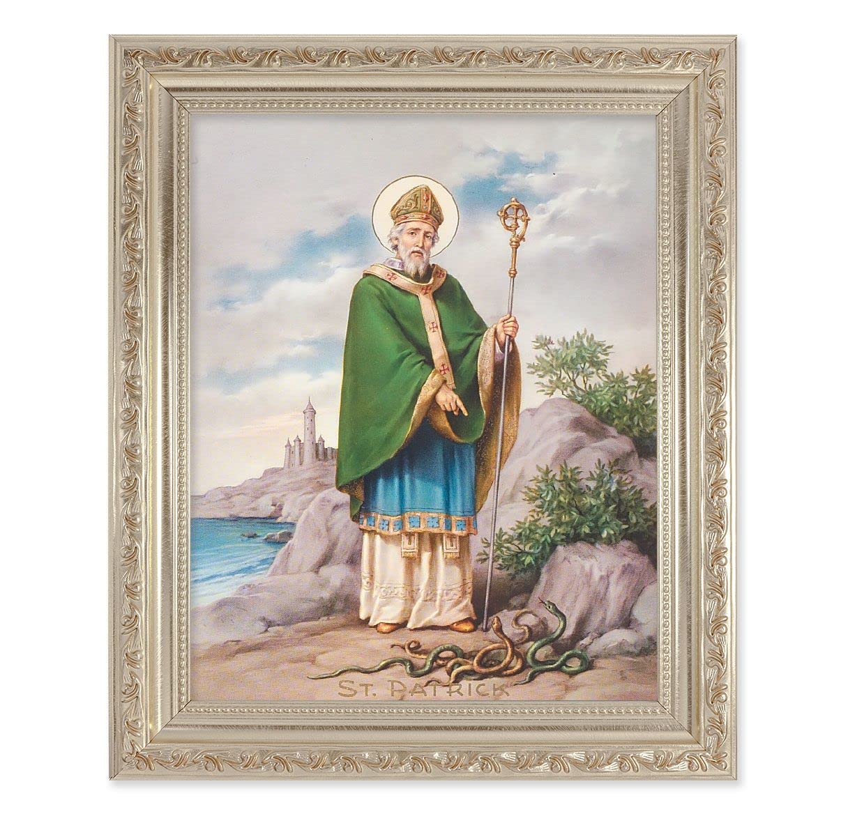St. Patrick, 10"x12" Antique Silver & Carved Scrollwork Frame, Italian Print Under Glass # 26867