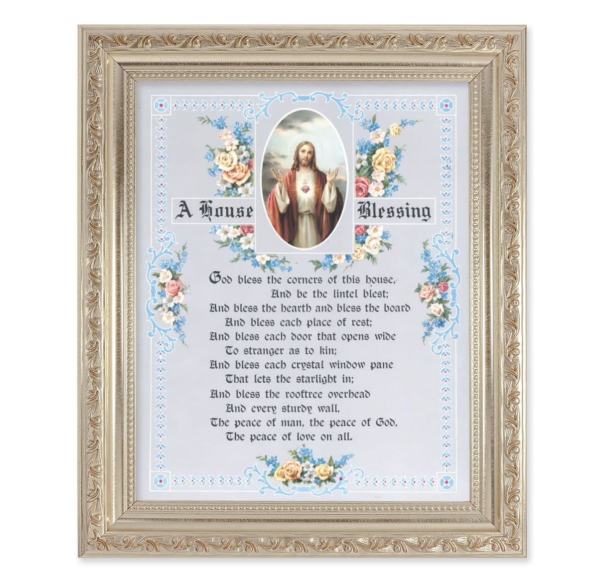 A House Blessing, 10"x12" Antique Silver & Carved Scrollwork Frame, Italian Print Under Glass # 26851