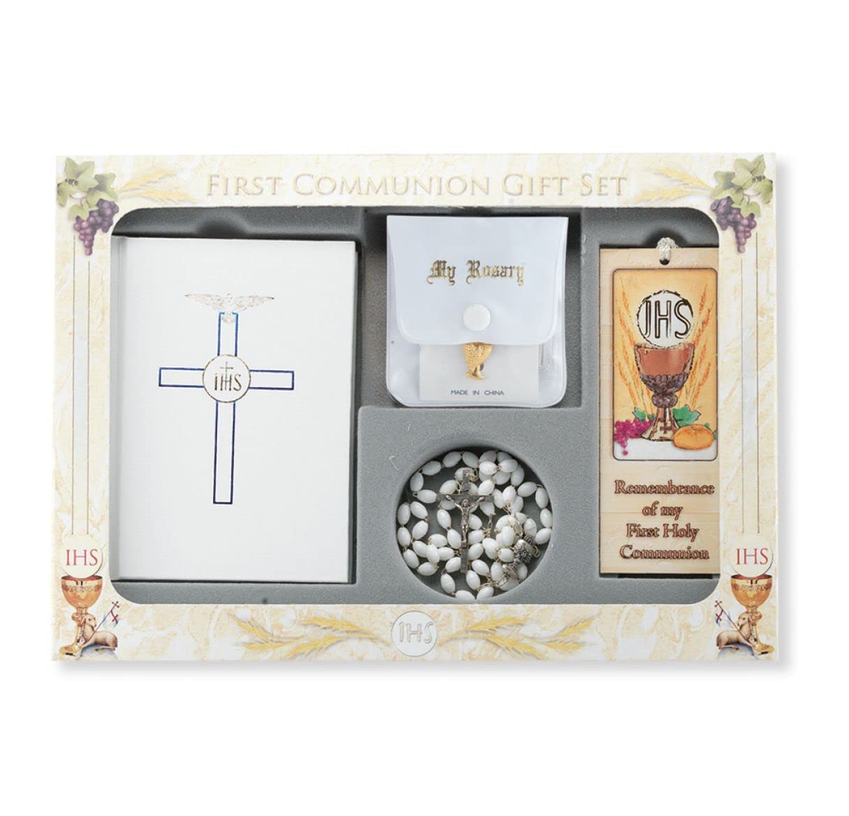 WHITE 6 PIECE DELUXE FIRST COMMUNION GIFT SET, # 6385