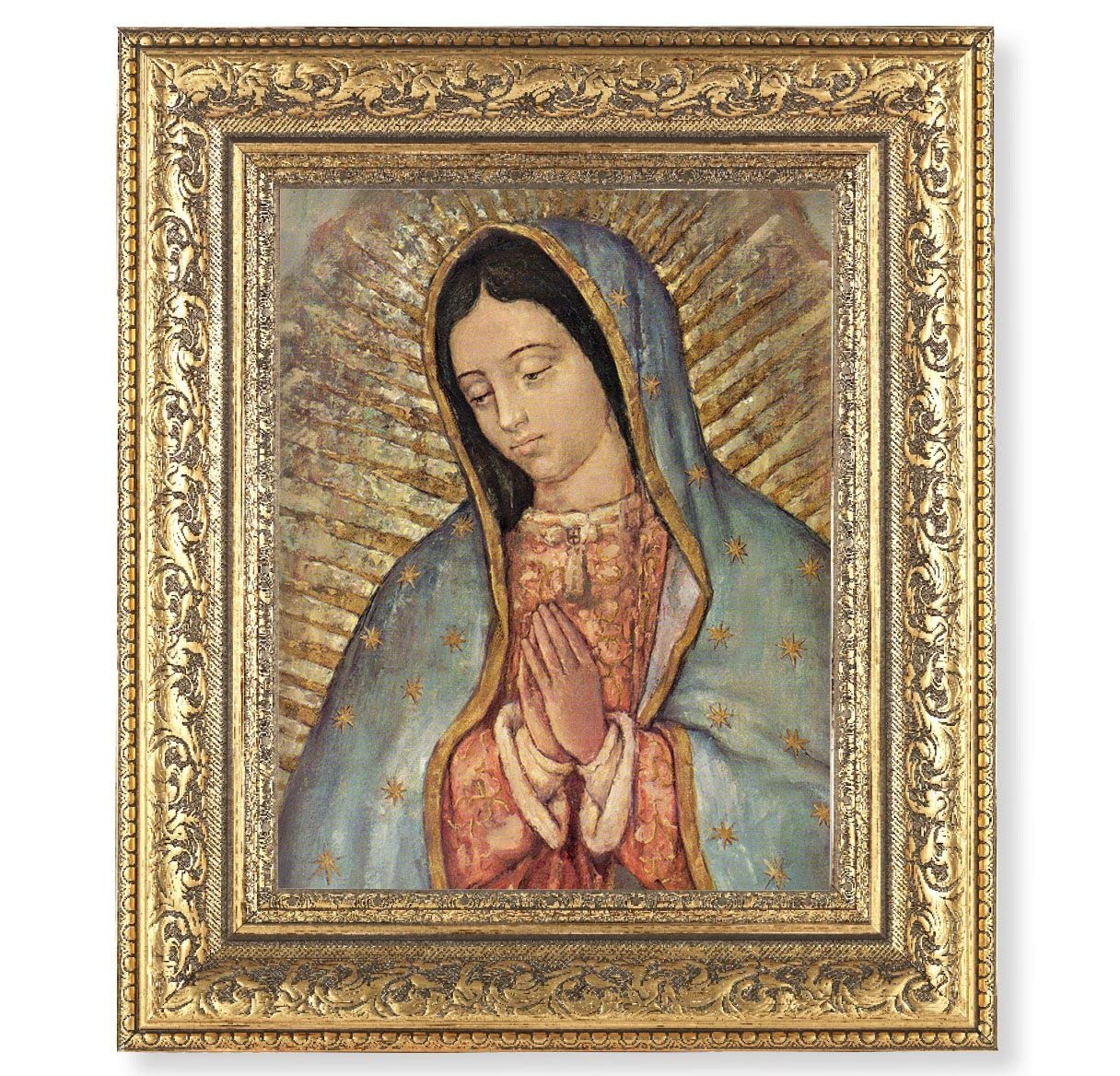 Our Lady of Guadalupe Picture, 12-1/2"x14-1/2, Antique Gold Leaf Carvings Ornate Frame, Italian Gold Stamped Print Under Glass # 25478