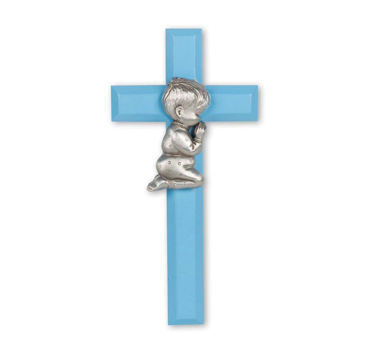 7" BLUE WOOD CROSS, PEWTER PRAYING BOY FIGURE, # 64544