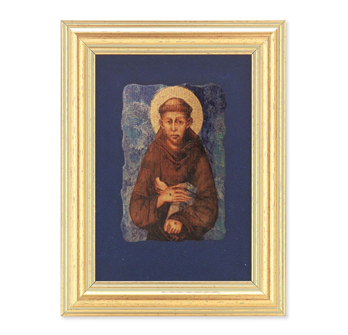 St. Francis Picture, Antique Gold 5" x6-1/2 Frame, Image Centered On Blue Velvet Matting # 28116