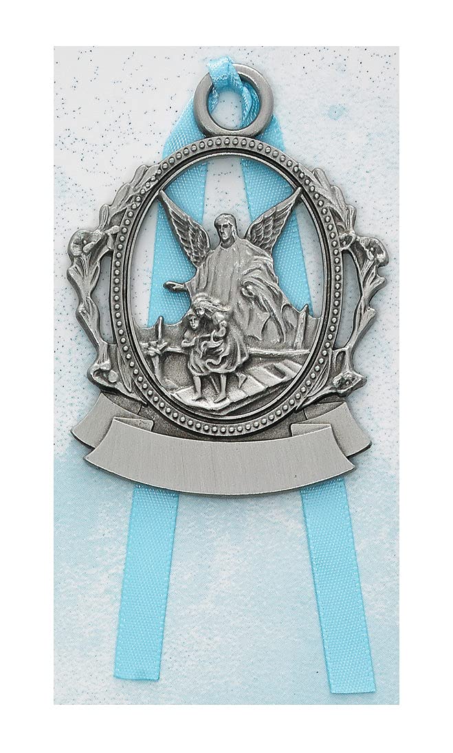Guardian Angel Crib Medal with Blue Ribbon, Fine Pewter, 2-Count Value Pack 2-1/2" # 21561