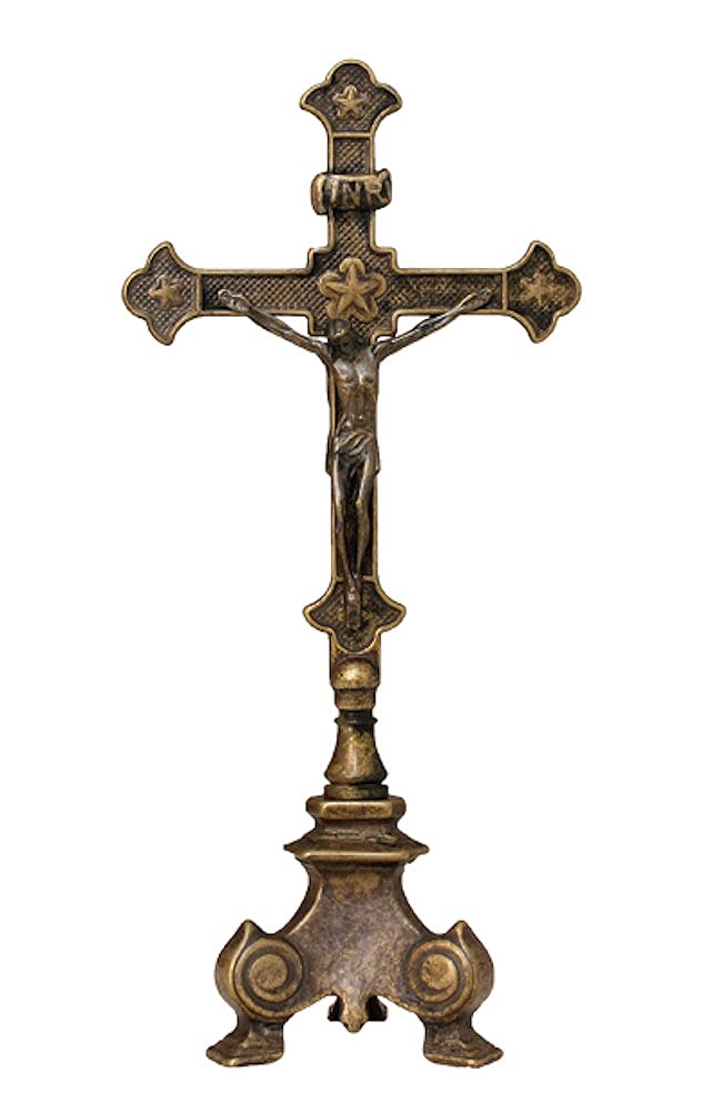 Double sided standing Crucifix, antique brass, 13", # 21129
