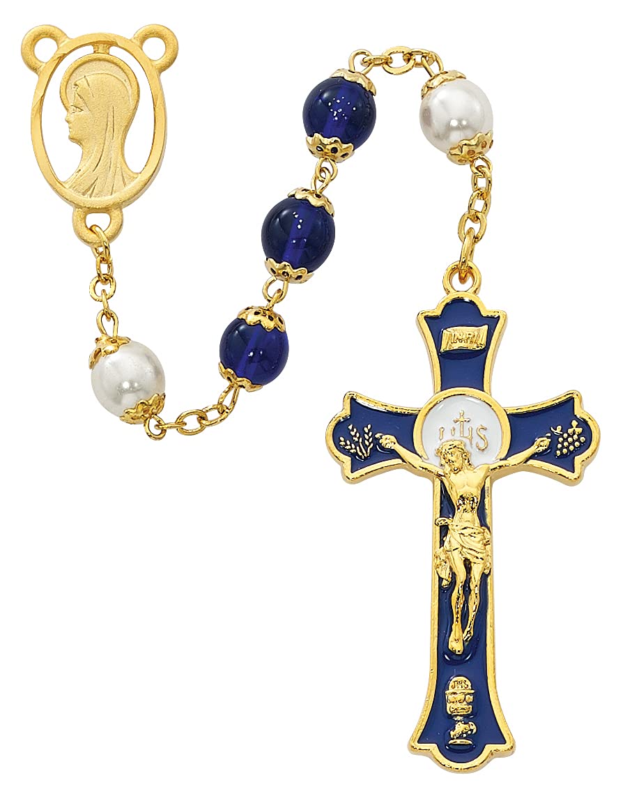 Holy Mass Rosary, 8mm Blue & White Glass Beads, Gold Plated Pewter Center and 2" Enameled Crucifix # 21245