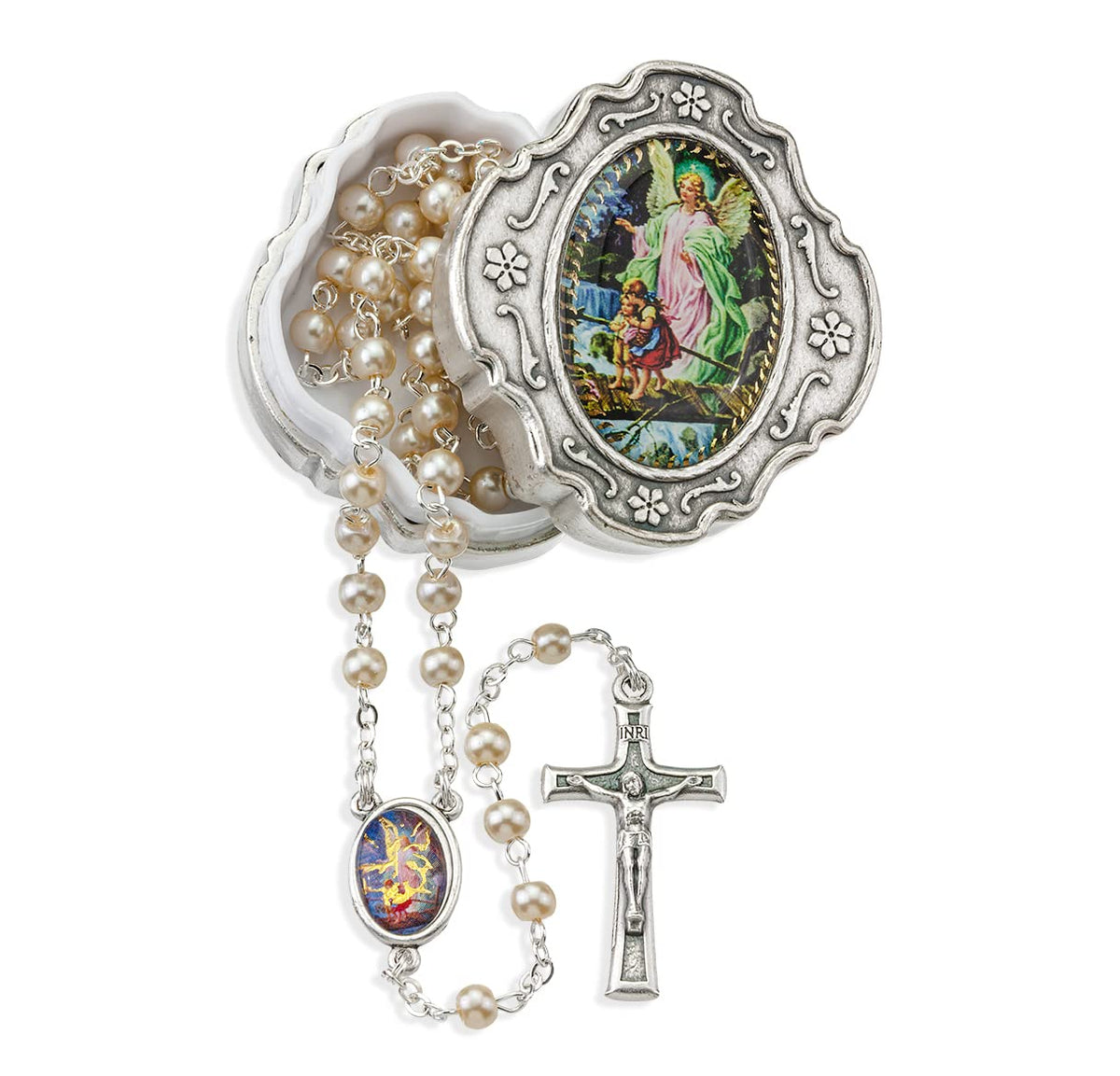 Guardian Angel White Imitation Pearl Rosary with Keepsake Box # 1505