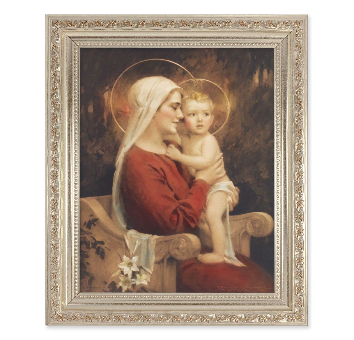 Chambers: Madonna and Child, 10"x12" Antique Silver & Carved Scrollwork Frame, Italian Print Under Glass # 26818