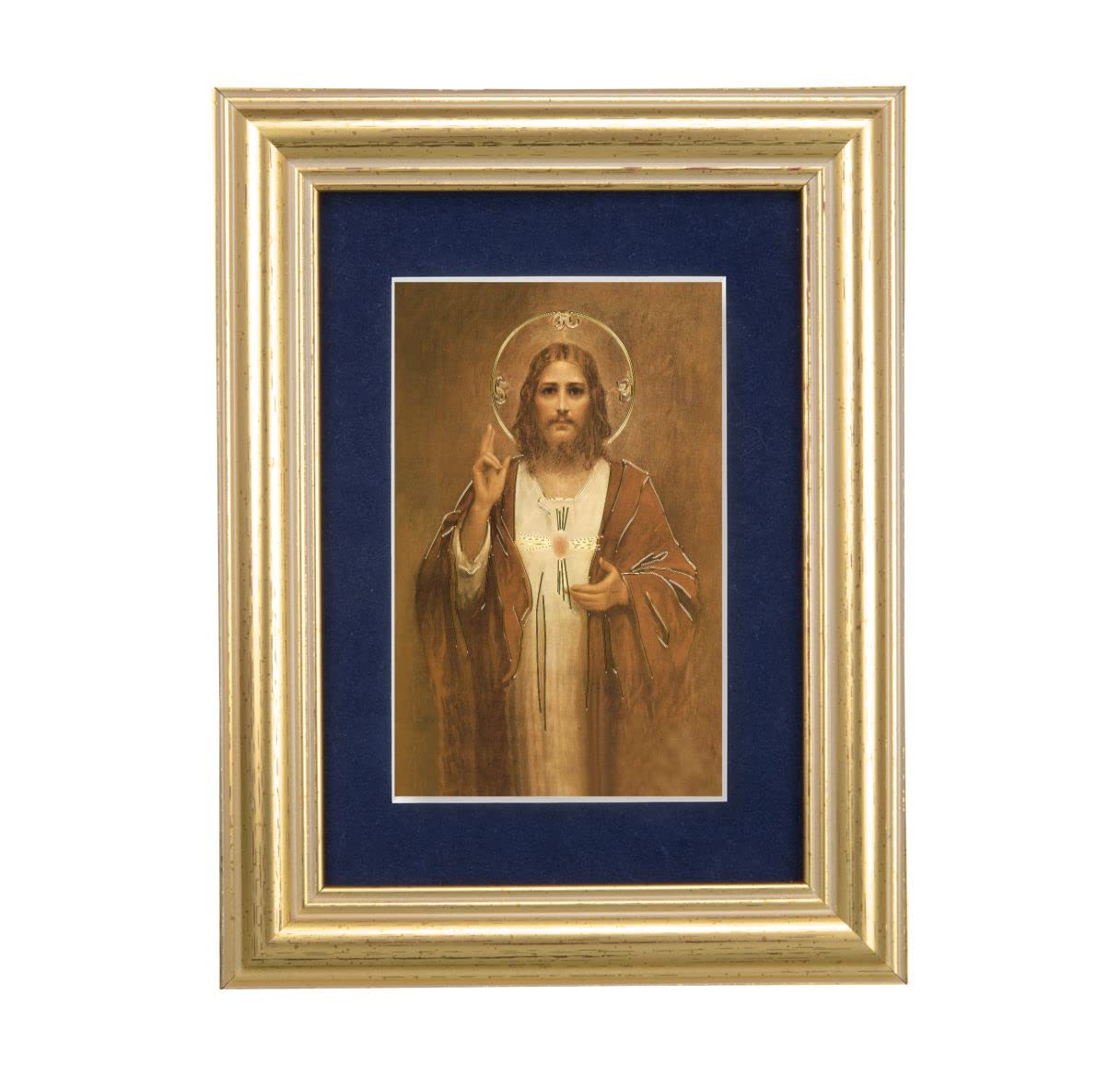 Sacred Heart of Jesus Picture, 5"x6.5" Antique Gold Fluted Frame, Behind Blue Velvet Matting # 28259