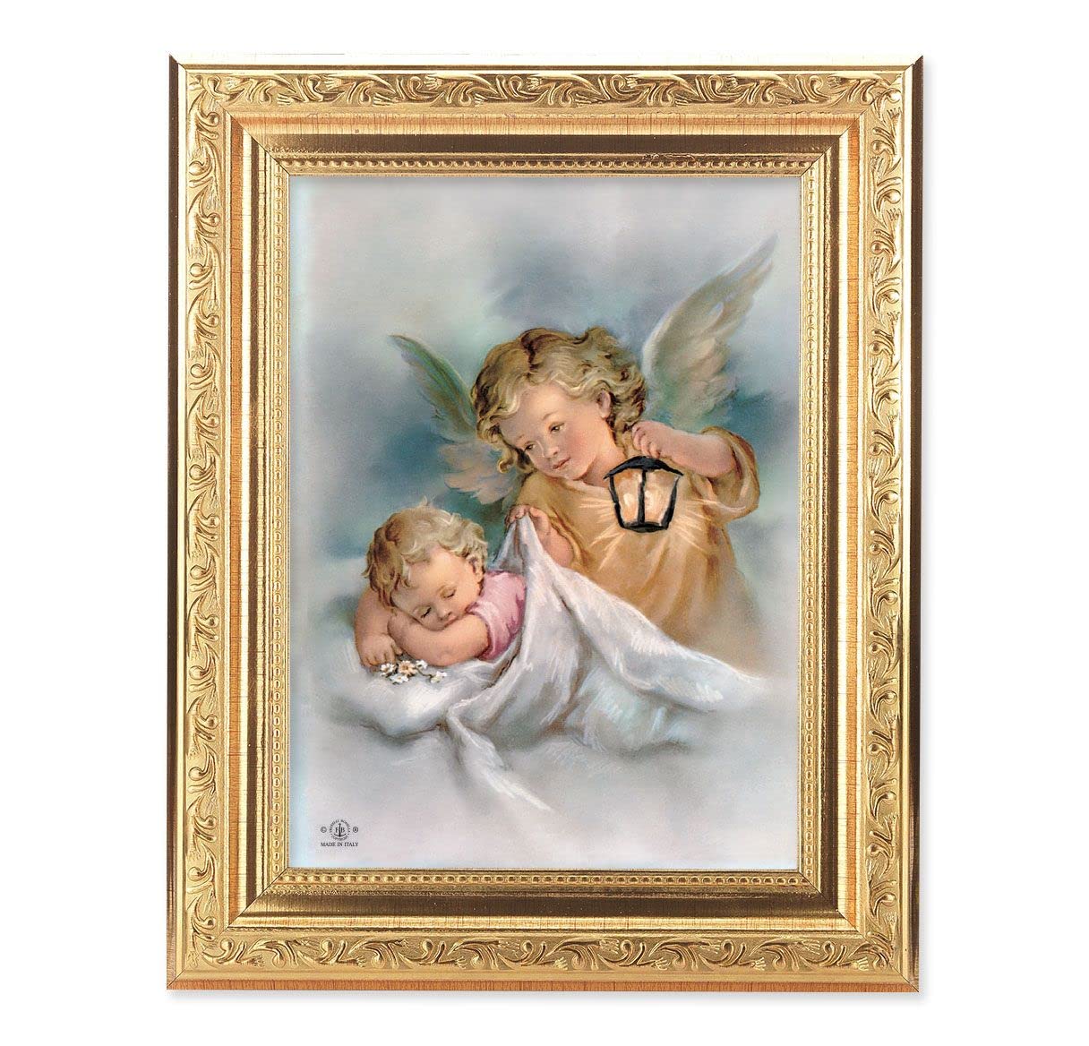 Guardian Angel with Lamp Over Baby Picture, 8-1/4"x10-1/4 Gold-Leaf Finish Acanthus Leaf Detail Under Glass # 27727