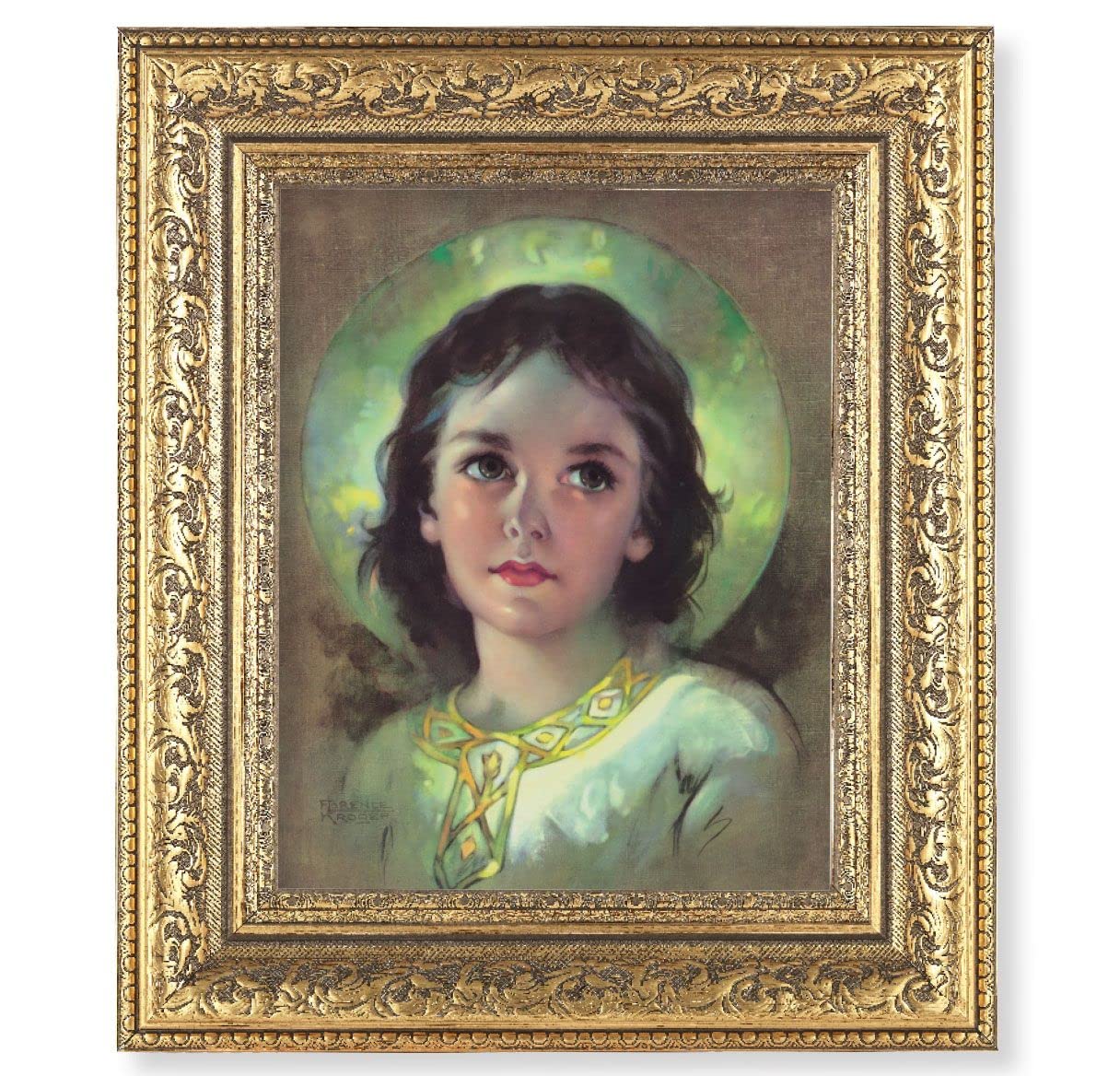 The Child Jesus Picture, 12-1/2"x14-1/2, Antique Gold Leaf Carvings Ornate Frame, Italian Print Under Glass # 25587