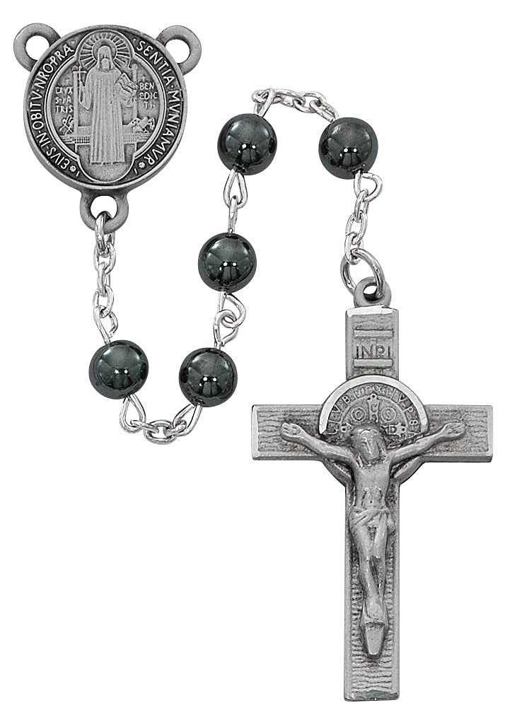 St. Benedict Rosary, 7mm Hematite Beads, Pewter Center and 1-3/4" Crucifix # 21236