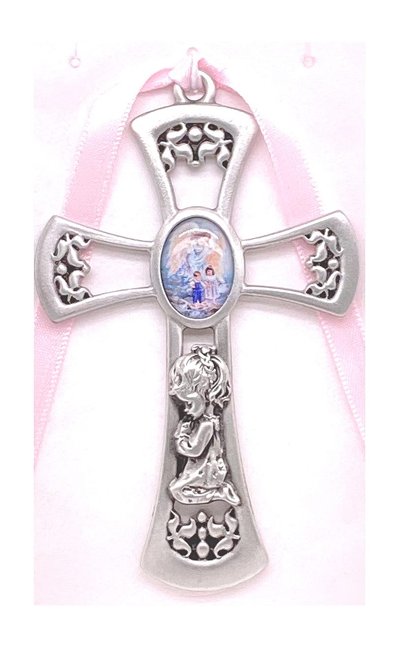 Prayng Girl Cross with Guardian Angel Photo Center, Pink Ribbon, Fine Pewter, 2-Count Value Pack. 3-1/2" # 21556
