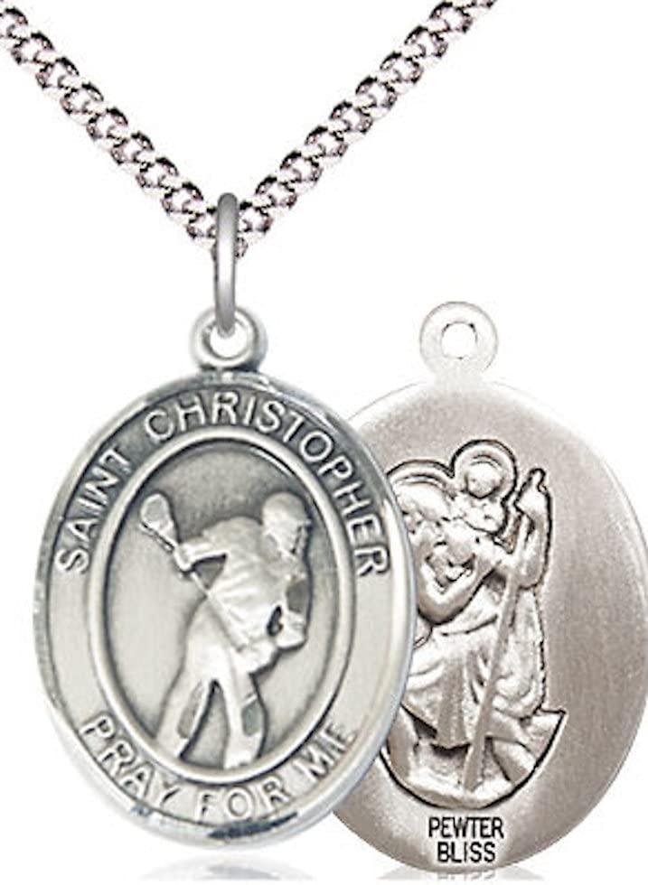 Lacrosse / St. Christopher Medal in Fine Pewter, 3/4", Your Choice of Chain # 17496