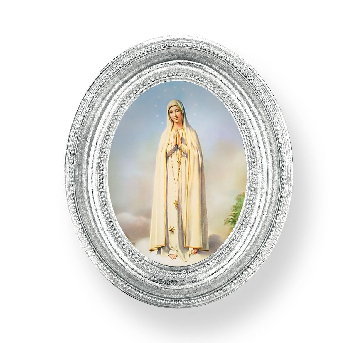 Our Lady of Fatima Picture, Silver Finish 3-3/4"x4-1/2 Oval Frame, Exclusive Gold Stamped Print Under Glass # 28451