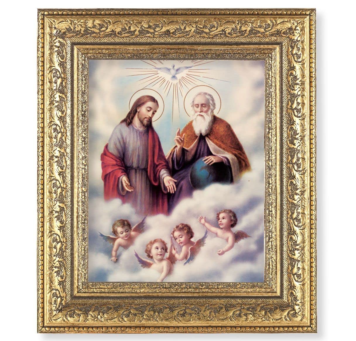 The Trinity Picture, 12-1/2"x14-1/2, Antique Gold Leaf Carvings Ornate Frame, Italian Print Under Glass # 25442