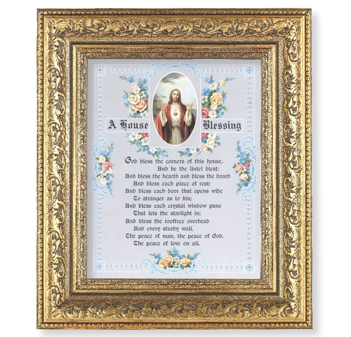 House Blessing Picture, 12-1/2"x14-1/2, Antique Gold Leaf Carvings Ornate Frame, Italian Print Under Glass # 25528