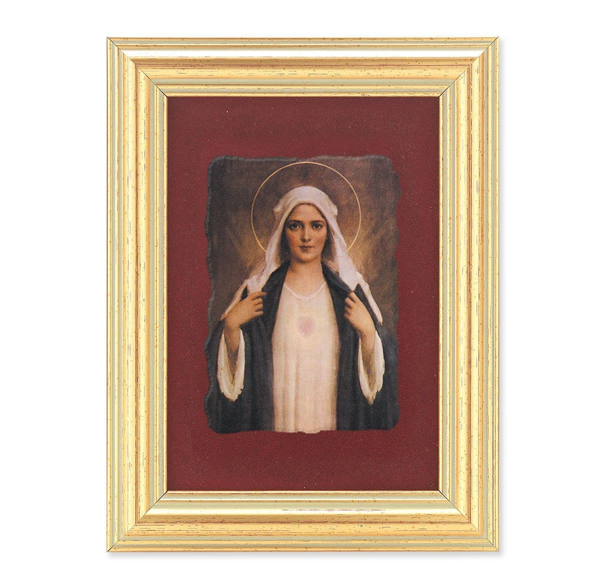 Immaculate Heart of Mary Picture, Antique Gold 5" x6-1/2 Frame, Image Centered On Burgundy Velvet Matting # 28126