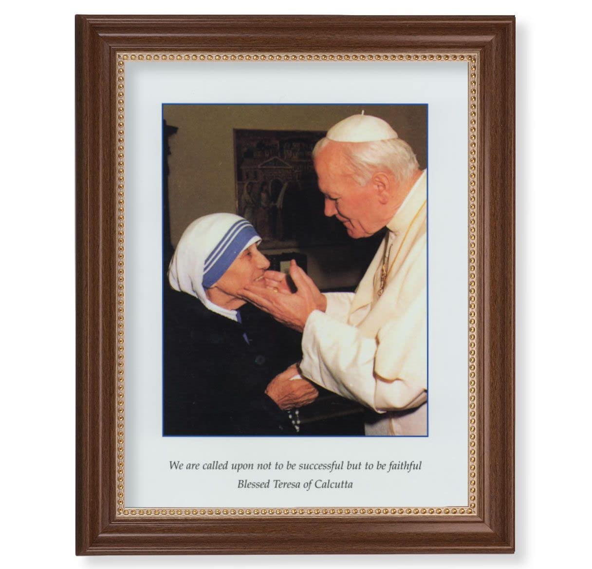 St. John Paul II & St. Teresa of Calcutta Picture, 13-1/2"x16-9/16 Walnut Finish Frame with Gold Beaded Lip, Textured Italian Print # 25224
