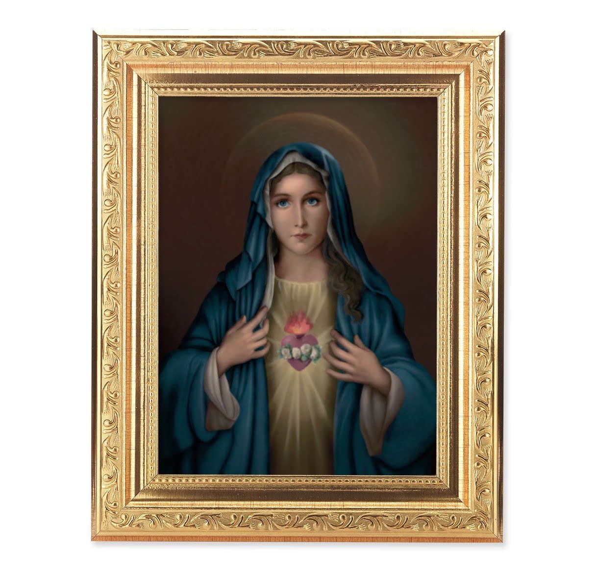 Immaculate Heart of Mary Picture, 8-1/4"x10-1/4 Gold-Leaf Finish Acanthus Leaf Detail Under Glass # 27695