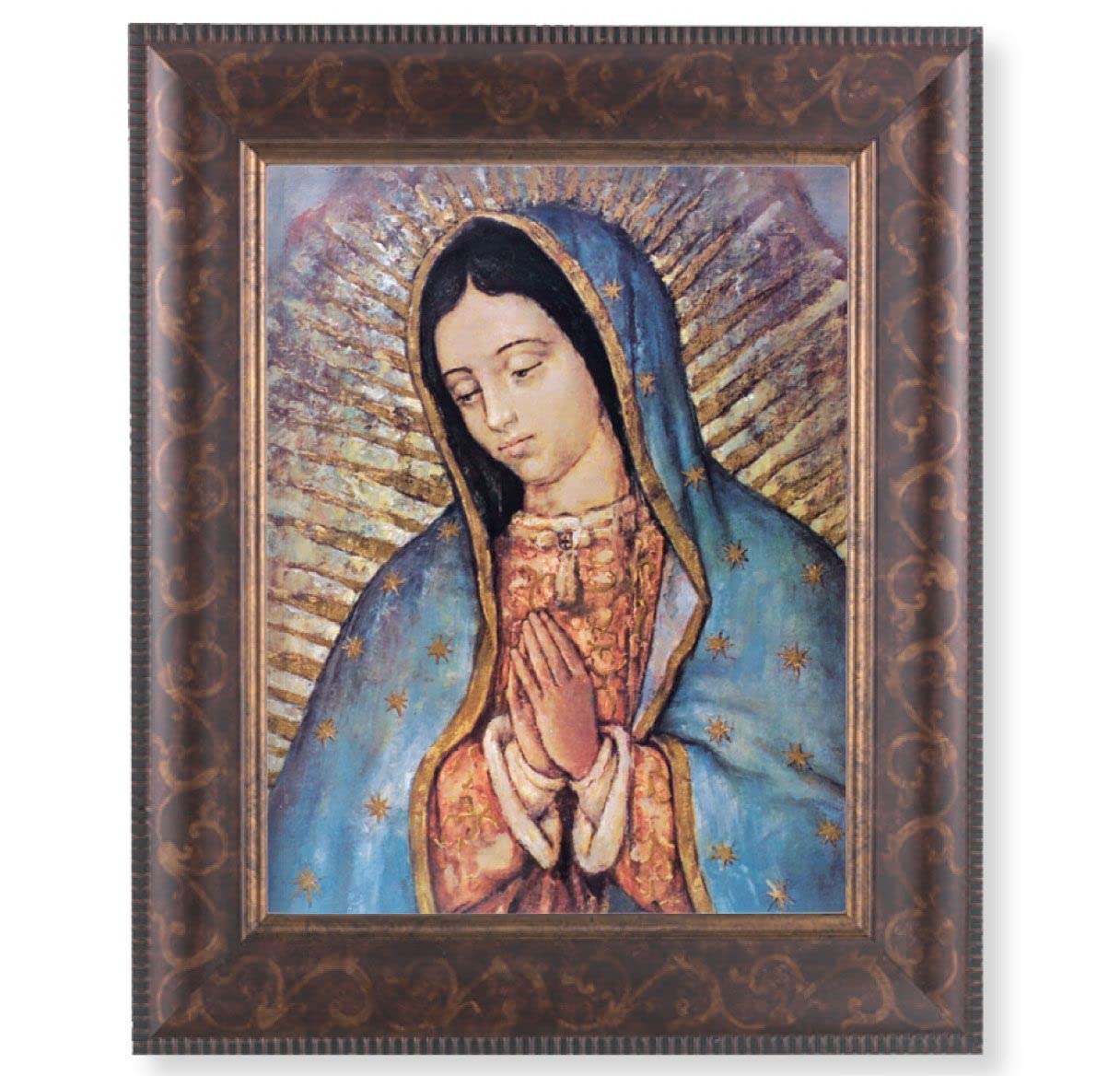 Our Lady of Guadalupe Picture, 11-1/4"x13-1/4, Antique Gold & Espresso Frame, Italian Print Under Glass # 25835