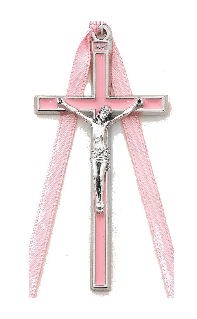 Girl's Cross with Pink Enamel & Ribbon, Fine Pewter,  2-Count Value Pack 3-1/2" # 21546